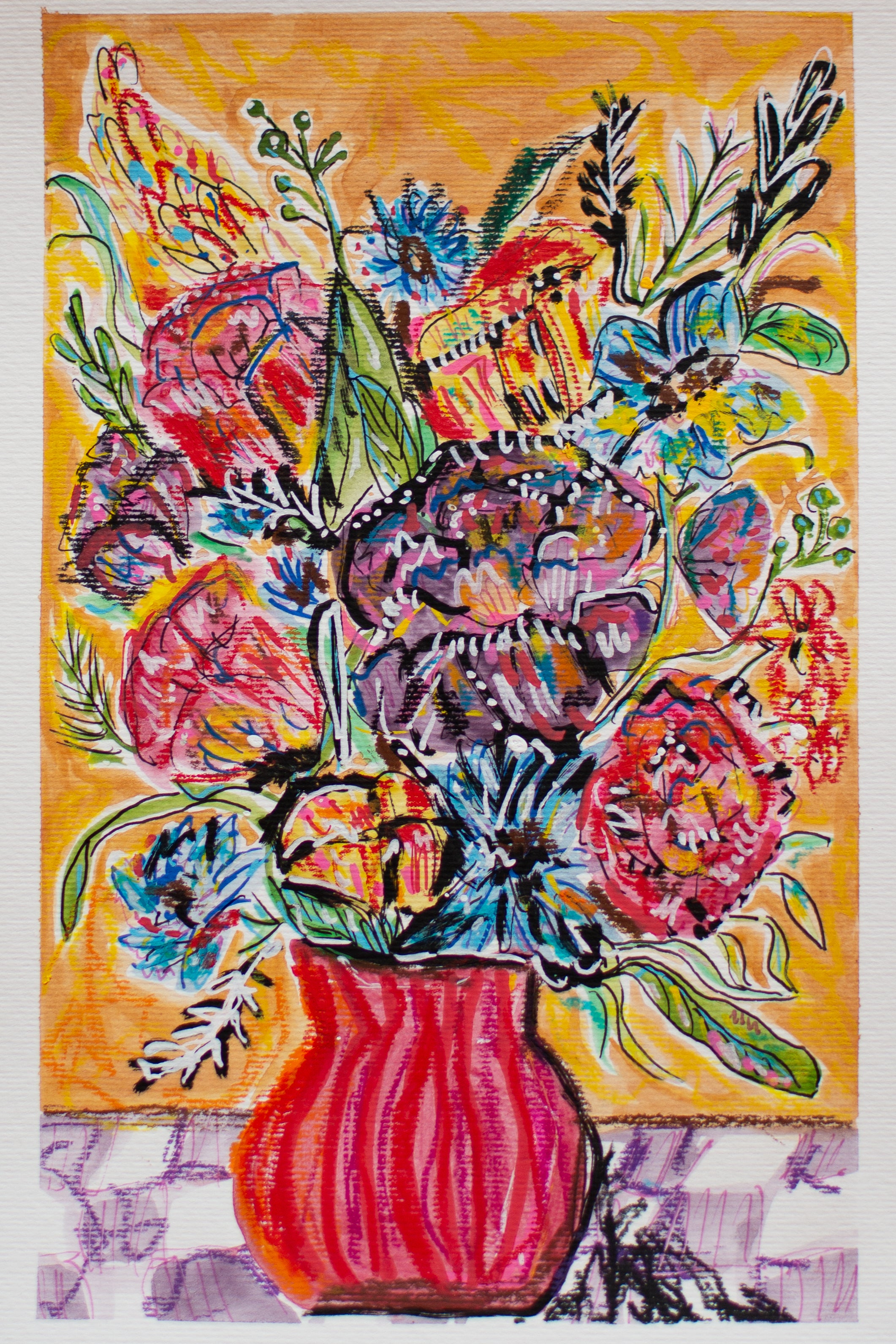 Flowers for Friends #12: All the Fans Are Blowing, and All the Windows Open | Original Mixed-Media Floral Painting