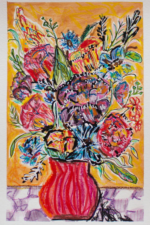 Flowers for Friends #12: All the Fans Are Blowing, and All the Windows Open | Original Mixed-Media Floral Painting
