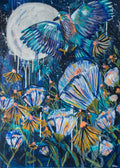 A vertical canvas painting hanging on a light gray wall, depicting a magical night scene with a large white moon, a blue bird with spread wings, and glowing flowers in shades of blue, purple, yellow, and green.